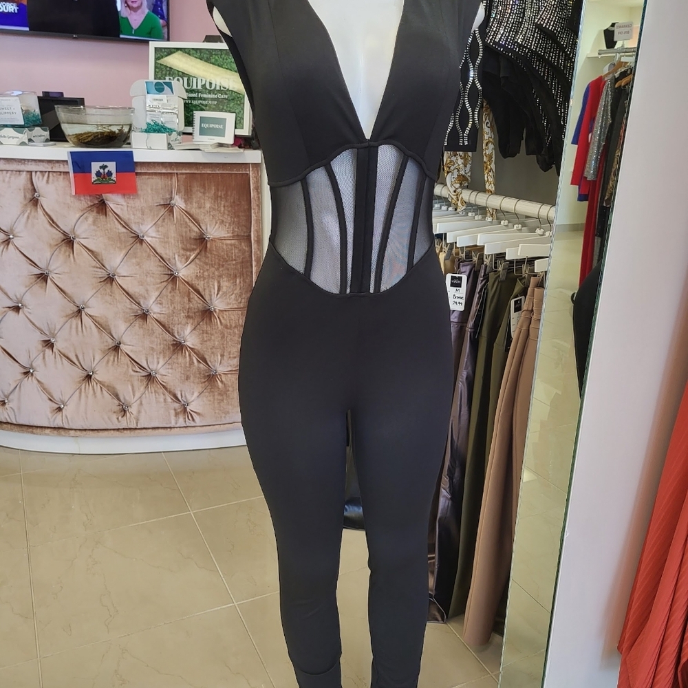 Black Mesh Panel Jumpsuit